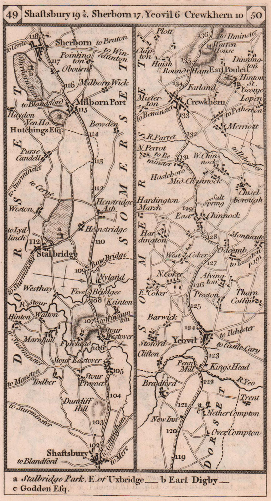 Shaftesbury-Sherborn-Yeovil-Crewkerne road strip map PATERSON 1803 old